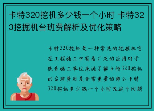 卡特320挖机多少钱一个小时 卡特323挖掘机台班费解析及优化策略
